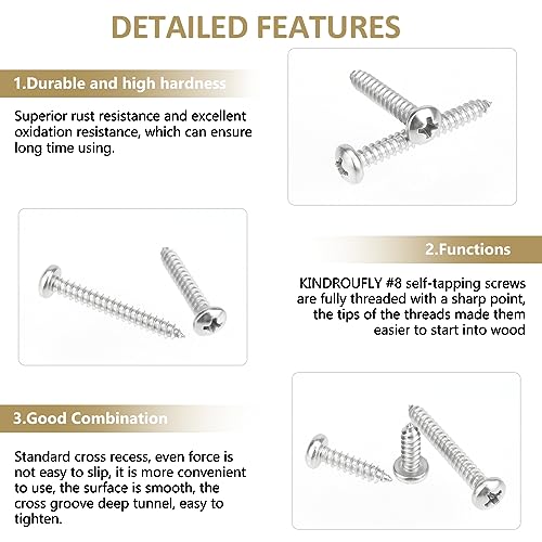 127 Pieces #8 x 1/2" 5/8" 3/4" 1" 1-1/4" Phillips Pan Head Self-Tapping Screws, Wood Screws Assortment Kit, 304 Stainless Steel - size: #8