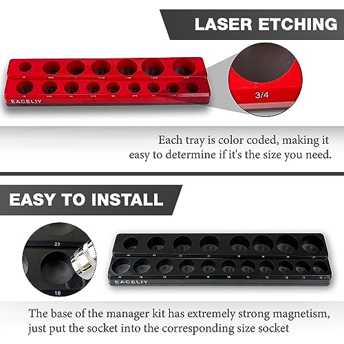 EACELIY Magnetic Socket Organizer Set, 1/2", 1/4" and 3/8" SAE & Metric Deep & Shallow Socket Holder Kit, holds 141 stanard Sockets, attaches to steel box/tool cart (sockets not included) 丨6PCS - size: 6PCS 1/2&3/8&1/4inch