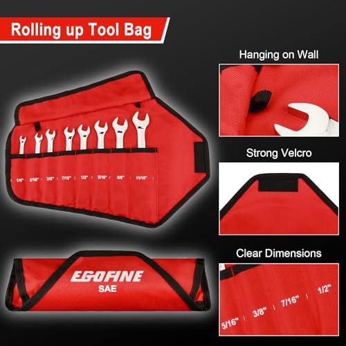 Egofine 8-Piece Ratcheting Wrench Set, Cr-V Steel SAE Wrench Set from 1/4" to 11/16", 72 Teeth Ratchet Wrench, 12 Point Open End & Box End Combination wrench set with Roll Up Pouch - size: SAE-8 piece set