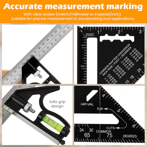 Rafter Square and Combination Square Tool Set, Including 7inch Carpenter-Square Wood Working Tool and Accessories, 12inch Square-Ruler(Color:Black)