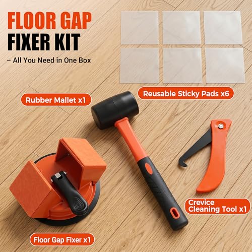 Floor Gap Fixer Tool: Flooring Repair Tool with Dual 45° Striking Surface & Suction Cup for Laminate & Vinyl Plank (LVP/SPC) Floors, Floor Gap Puller Kit with Mallet, 6 Upgraded Adhesive Pads, Scraper