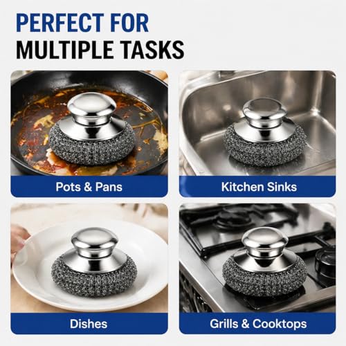 Steel Wool Scrubber, 10-Pack Stainless Steel Scrubber Pads with Handle - The Ultimate Scouring Solution for Rust, Stubborn Messes on Cookware, Grill, Oven & Kitchen Sinks - size: 2 Handle+8 Pads