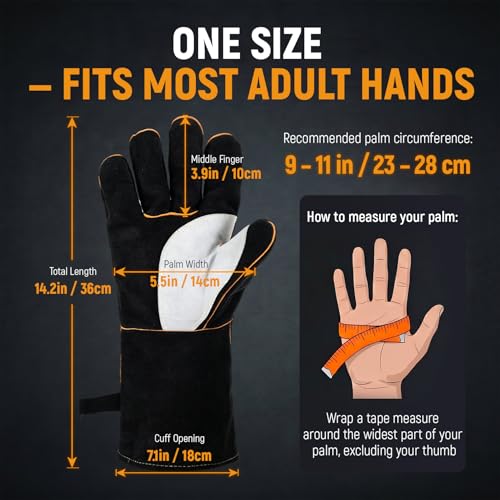 TOPDC 14Inch Welding Gloves 482°F Heat Resistant Leather for Fire Pit Grill - color: 14 Inch Black-gray