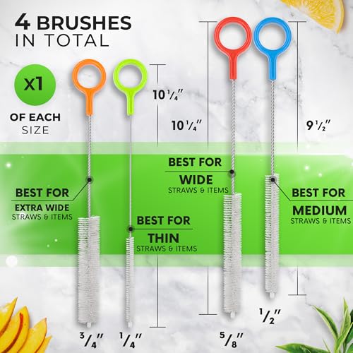 Buenalife Heavy Duty Cleaning Brushes Set of 4 - Extra Long Straw Cleaners for Metal and Plastic Reusable Drinking Straws, to Clean Small Spaces, Sippy Cups, Water Bottles - Sturdy Hard Brush Bristles - color: Blue & Red
