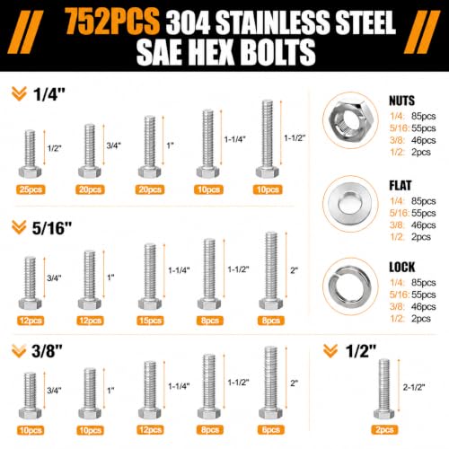 ZTF 752Pcs 304 Stainless Steel Hex Bolts Assortment - color: Silver
