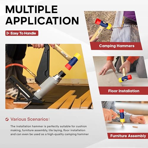 YIYITOOLS 12oz Double Faced Hammer, Double-Sided PU Mallet, High Carbon Steel Head, Hard Hickory Wood Handle, Flooring Installation,Rubber Mallet for Camping Woodworking,Tile Laying,Furniture Assembly