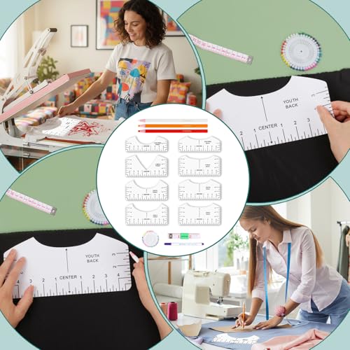 Phinus Tshirt Ruler 8P, White PVC Shirt Measurement Tool for Heat Press, V-Neck/Round T-Shirt Ruler Guide with Soft Tape and Pens for for Alignment, Front and Back Measurement