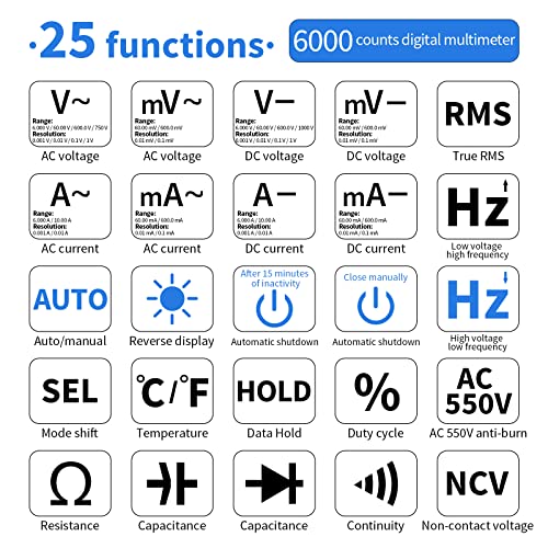 ZOYI Digital Multimeter, True RMS Auto-Ranging 6000 Counts with NCV. 750V AC, 1000V DC auto Identification, Data Hold, Resistance, Capacitance, Diode, Frequency and Temperature Measurement