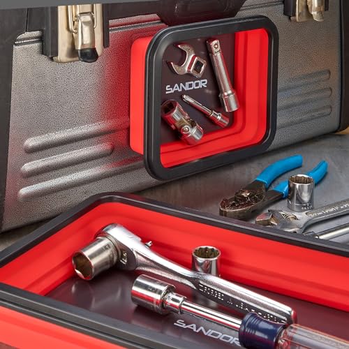 Collapsible Magnetic Parts Tray Set - 3 Different Size Tool Trays- Red - color: Red