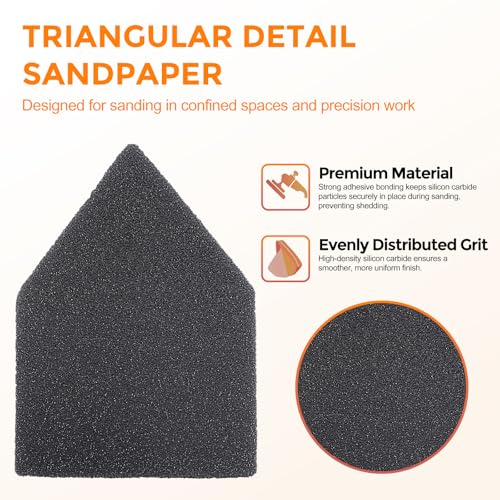 POLIWELL Silicon Carbide Sandpaper 50-Piece Pack 90mm x 65mm 60 Grit Triangle Sanding Sheets with Hook & Loop Fastening Replacement for Milwaukee M12 Orbital Detail Sander Accessories - size: 60 Grit