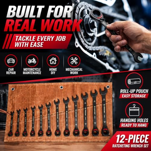 ironcube Reversible Ratcheting Wrench Set: 12-Piece Metric 8-19mm - Tough Black - Wax Canvas Storage Bag - Automotive and Motorcycle Repair Tools - size: 12-Piece Metric Reversible