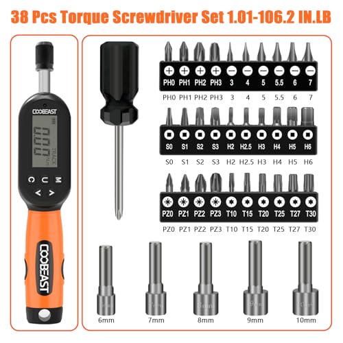 38pcs Digital Torque Screwdriver 1/4" Drive(1.01-106.2in-lbs/0.11-12Nm)