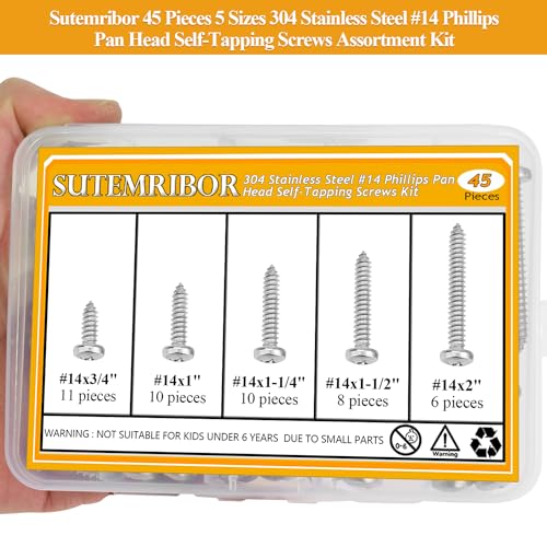 45 Pieces #14 x 3/4" 1" 1-1/4" 1-1/2" 2" Wood Screws Set, Phillips Pan Head #14 Self-Tapping Screws Assortment Kit, 304 Stainless Steel - size: #14, style: Phillips Pan Head