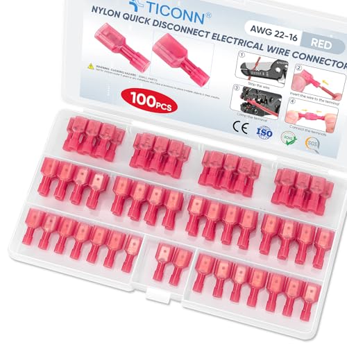 TICONN 100 Pcs Nylon Spade Connector Kit, Insulated Crimp Wire Connectors - style: Red 100Pcs