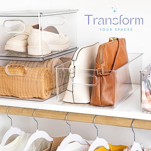 Plastic Food Storage 6 Pack Clear Container Bin with Handles for Organizing Kitchen, Pantry, Refrigerator, Freezer, Pantry, Cabinet, Closet, Bathroom. 16”x8”x5” - size: 16x8x5