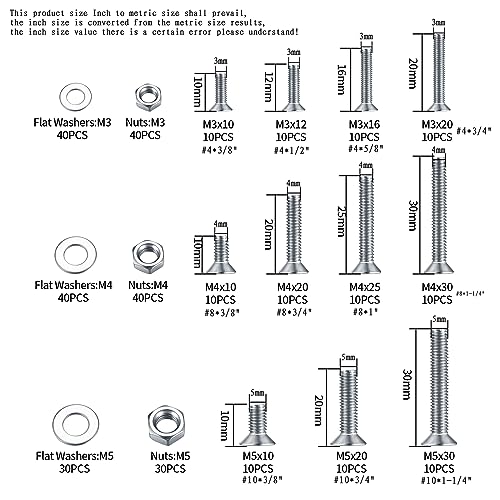 330 Pcs Countersunk Head Hexagon Socket Screws Bolts and Nuts and Washers Assortment Kit, M3 M4 M5 Metric Stainless Steel Bolts and Machine Screws and Nuts and Washers Set for Home Industrial