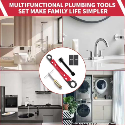 5Pcs Plumbing Tools Kit with Angle Stop Wrench & 1/2-Inch Compression Sleeve Puller, Professional Heavy Duty Ferrule Remover Tool, Plumbers Pipe Wrench and Basin Faucet Wrench Set with P180 Sandpaper - color: 1/2" Sleeve Puller & Wrench Red