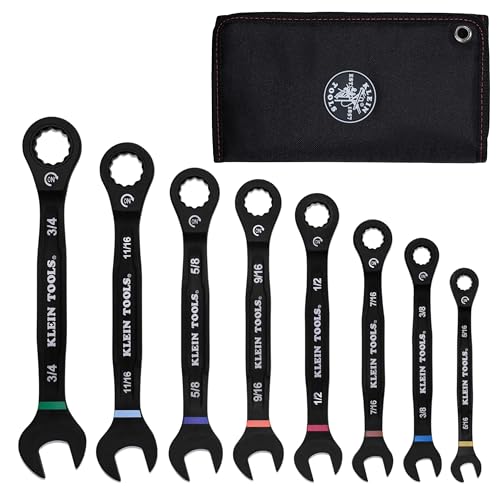 KLEIN TOOLS 69408G Ratcheting Combination Wrench Set, SAE, 8-Piece, 5/16 to 3/4-Inch, Steel Alloy, Foam Pouch, 90-Tooth