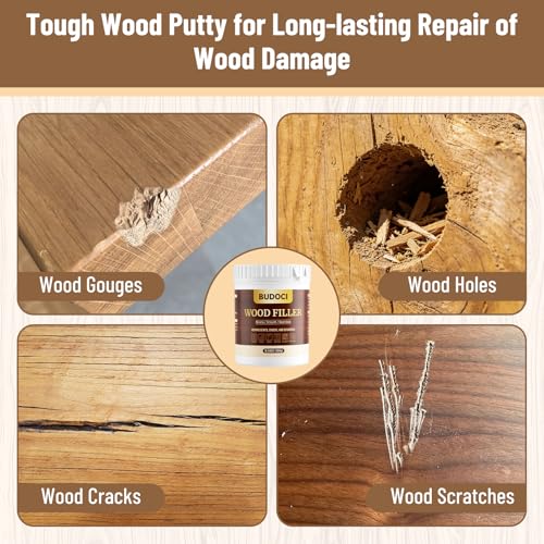 Wood Putty Filler, 10.58 oz White Wood Filler, Paintable Sandable Stainable Wood Filler, Water Resistant Wood Repair Kit, Repair Scratches Cracks Nail Holes for Indoor Outdoor Wood Furniture