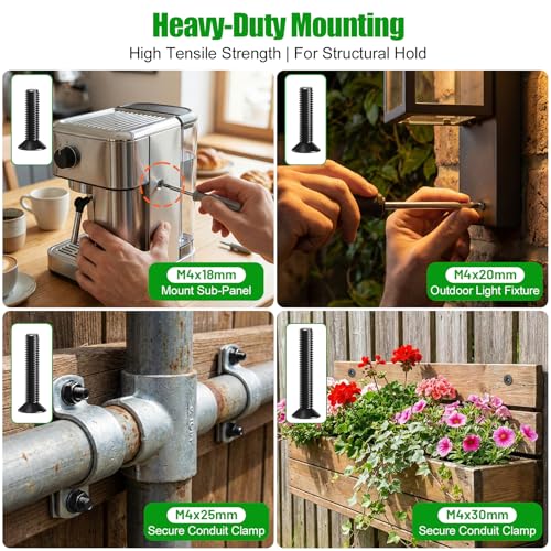 168 Pcs Black M4 Flat Head Machine Screws Kit for Switch Boxes | 10 Metric Sizes (M4 x 6mm to 30mm), Carbon Steel Black Screws for Wall Socket Outlets & Faceplates, Clear Label Storage Box - size: 168Pcs M4*6/8/10/12/14/16/18/20/25/30mm-Flat
