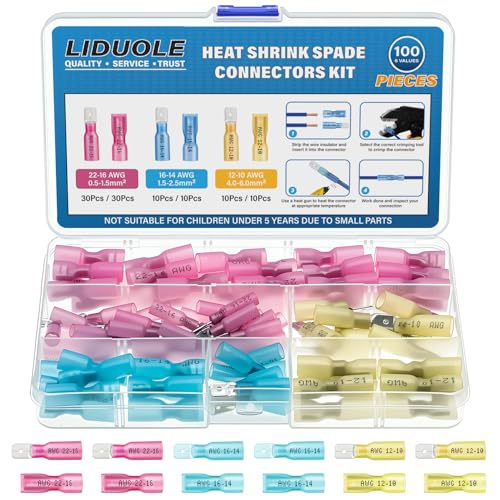 Heat Shrink Spade Connectors Kit 22-16 16-14 12-10 AWG Male and Female Electrical Wire Connector Insulated Quick Disconnect Spade Terminals for Marine Automotive Wiring (Pack of 100Pcs)