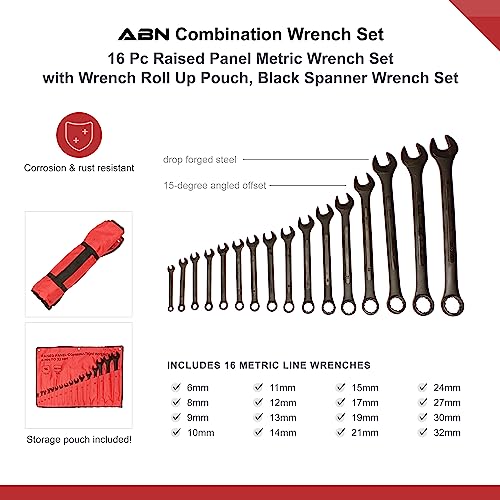 ABN Combination Wrenches Set Metric and Standard - 32 Piece SAE and Metric Wrench Set with Roll Up Pouch - size: SAE and Metric