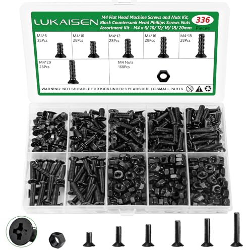 336 Pcs Black M4 Flat Head Machine Screws and Nuts Bolt Kit | High-Strength Carbon Steel Black Oxide, M4 x 6/10/12/16/18/20mm, Precision Fasteners for DIY & 3D Printing, Storage Box - size: 336Pcs M4*6/10/12/16/18/20mm-Flat