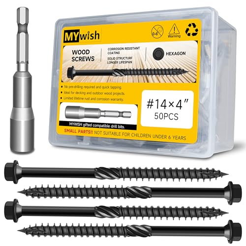 50Pcs 4 Inch Wood Screws, #14 x 4 Heavy Duty Outdoor Wood Screws Assortment Kit Deck Screws, Black Timber Screws Lag Bolts, Hex Socket Included Hex Head Log Landscaping Black Long Screws By Mywish - size: #14 x 4"