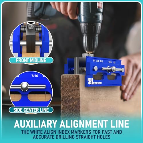 Self Centering Doweling Jig Kit, Drill Jig For Straight Holes Biscuit Joiner Set With 6 Drill Guide Bushings, Adjustable Width Drilling Guide Tool Accessory Jigs (Blue) - size: Small