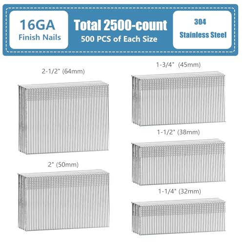 304 Stainless Steel Straight 16 Gauge Finish Nails 5 Sizes 2500 PCS - size: 5 SIZES- 2500 pcs