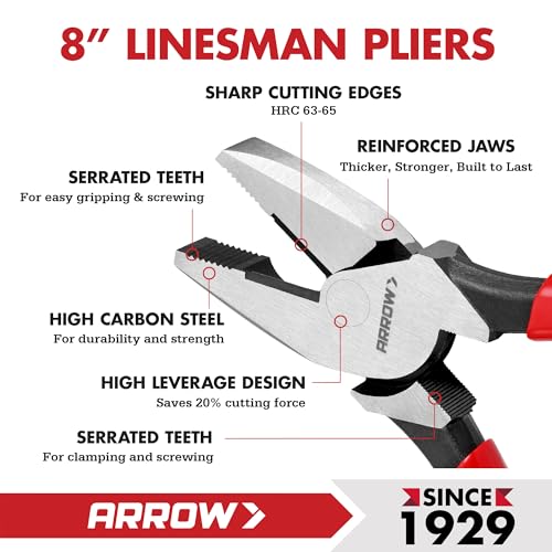 ARROW 8" High Leverage Linemans Pliers, Side Cutters, Linesman Pliers