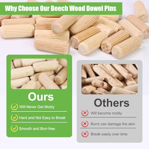 5/16" x 1" Wooden Dowel Pins, FoDau770 Fluted Wood Dowel Rods, Natural Beech Wood Dowel Pegs for Crafts, Woodworking, DIY Furniture - 200 Pieces - size: 5/16" x 1"