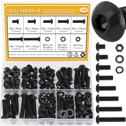 172 Pieces M6 Screws Nuts Washers Set Black, Sutemribor M6 x 8/10/12/16/20/25/30mm Button Head Socket Cap Screws Nuts Washers Assortment Kit, 10.9 Grade Alloy Steel, Fully Threaded - size: M6 Screws Kit, style: Button Head