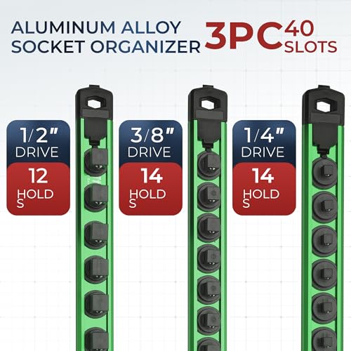 Reniteco Magnetic Socket Organizer Set, 3-Piece 1/2" 3/8" 1/4" Drive Aluminum Alloy Socket Holder with 40PC 360° Swivel Removable Clips, Magnetic Socket Rail for Tool Box Drawer, Green - color: Green, size: 3pc