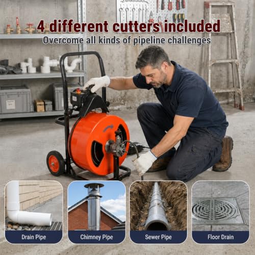 HoldwellS 50FT x 1/2 Inch Drain Cleaner Machine, Electric Drain Auger on 4 Wheels for 1"-4" Pipes, Enclosed Metal Drum with 4 Cutters & Pneumatic Foot Switch, Sewer Snake Auger - color: 50FT x 1/2inch (Manual Feed)