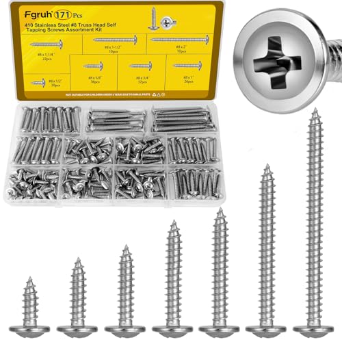 171PCS #8 Self Tapping Screws Assortment Kit, #8 x 1/2",5/8",3/4",1",1-1/4",1-1/2'' Phillips Modified Truss Head Wood Screws, 410 Stainless Steel Sheet Metal Screws for Metal,Plastic,Wood - size: 171pcs #8 Silver