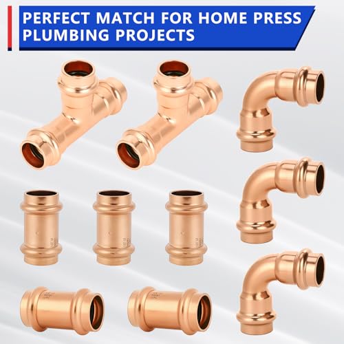 1/2" Copper Press Fittings Assortment Kit – 2 Tees, 3 Elbows, 5 Couplings |, Quick Press Copper Pipe Fittings for Plumbing Projects,10-Pack