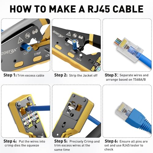 Ethernet Crimping Tool Kit RJ45 Crimp Tools,CAT5 Cat5e Cat6 RJ45 Crimping Tool Kit With Cable Tester, Multiply Stripper, Blades,50Pcs Cat 6 Pass Through Connectors and Strain Relief Boots
