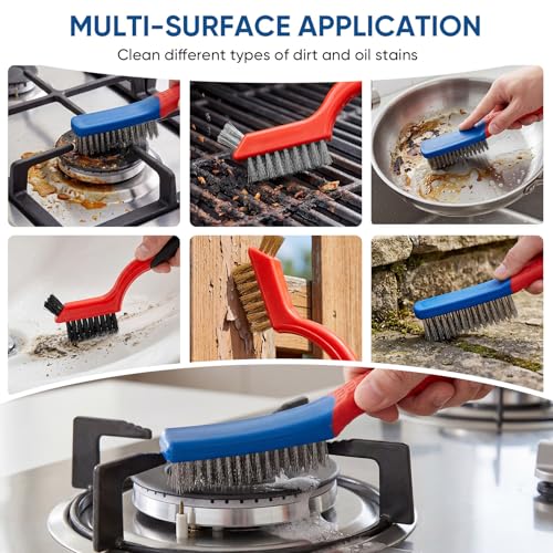 5PCS Wire Brush Set – 2 Heavy-Duty Steel Brushes with Rubber Handle & 3 Brass/Nylon/Stainless Steel Bristle Brushes for Rust, Paint & Grill Cleaning
