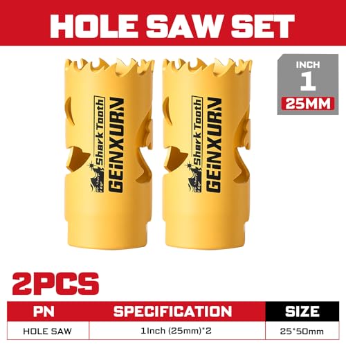 Geinxurn 1 Inch(25mm) Hole Saw, 2PCS HSS Bi-Metal Hole Saw Kit with Shark Tooth Hole Cutter for Wood,Drywall, PVC Boards and Thin Metal - color: 2 PCS 1"