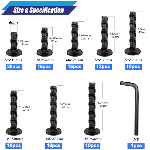Taiss 102PCS Flat Head Hex Socket Cap Screws M6 Bolts 8 Sizes M6*15/20/25/30/35/40/45/50mm 304 Stainless Steel Furniture Bolts,Full Thread Furniture Screws with Hex Wrench - size: 102PCS M6 Assortment Kit