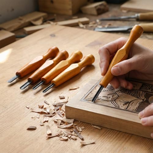 WILLBOND 5 Pcs Linoleum Carving Tool Set Wood Handle Linocut,Round - style: Round