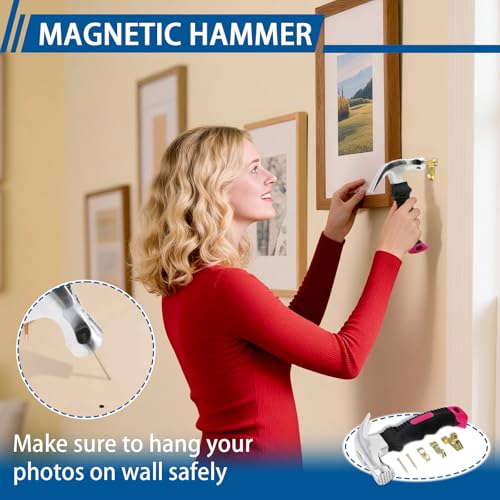 308Pcs Picture Hanging Kit, Hanging Hardware with Hooks, D Ring, Nails, Wire Wall Hanging Kits with Magnetic Level, Small Pink Claw Hammer for Hanging Pictures Frame Painting Home Office Wall Decor