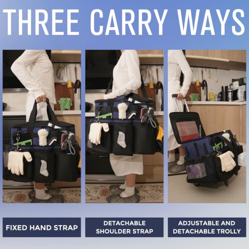 SCAVATA Rolling Cleaning Caddy Bag with Detachable Trolley, Large Cleaning Supplies Organizer with Wheels, Multi-Pocket Cleaning Cart with Adjustable Shoulder Strap for Housekeepers (NavyBlue) - color: NavyBlue