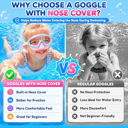 Seago Kids Swim Goggles with Nose Cover 2 Pack for 3-14 Anti-Fog Clear View - color: Pink Green & Pink Purple