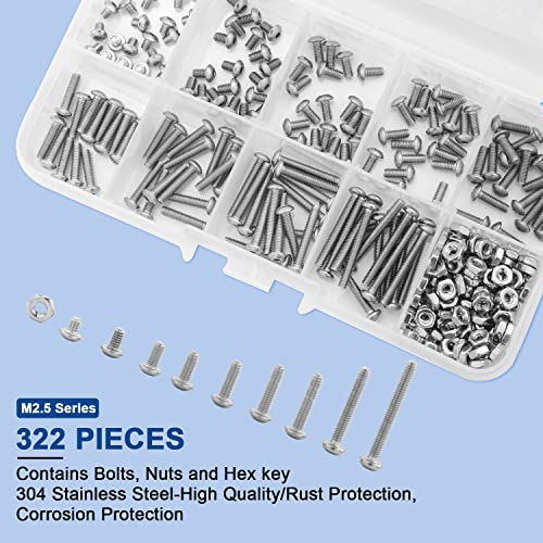 NINDEJIN 322 Pcs M2.5 Small Metric Button Head Socket Cap Screws Bolts Set - size: 322Pcs M2.5 3mm-20mm