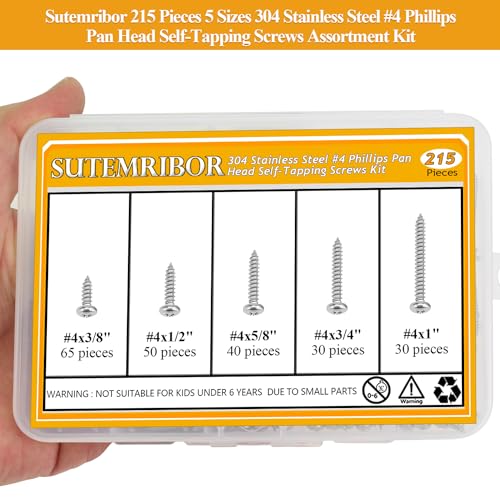 215 Pieces #4 x 3/8" 1/2" 5/8" 3/4" 1" Wood Screws Set, Phillips Pan Head #4 Self-Tapping Screws Assortment Kit, 304 Stainless Steel - size: #4, style: Phillips Pan Head