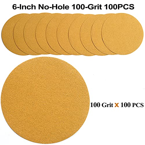 6-Inch No-Hole Hook and Loop Gold Sanding Discs 100-Grit, 100-Pack - size: 100 Grit