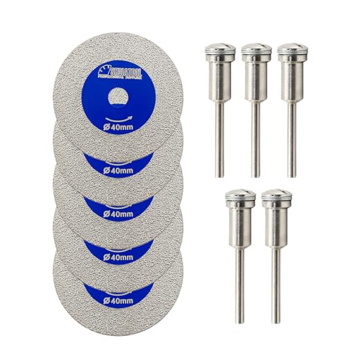 SHDIATOOL 40mm (1-9/16 inch) Diamond Glass Cutting Blade with 3MM Shank, Mini Carving Disc for Drill Machine on Glass, Tile, Porcelain, Ceramic(Pack of 5) - size: 40mm (1-9/16")