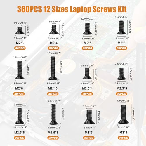 mankk 360PCS Laptop Screws 12 Sizes M2 M2.5 M3 Replacement Computer Tiny Screws Motherboard Screw with Screwdriver for Laptop PC Repair & DIY - color: Black-360PCS